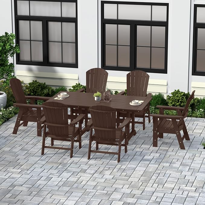 WestinTrends Dylan Adirondack Outdoor Dining Set for 6, All Weather Poly Lumber Patio Table and Chairs Set of 6, 71" Trestle Outdoor Table and Seashell Adirondack Dining Chair, Dark Brown