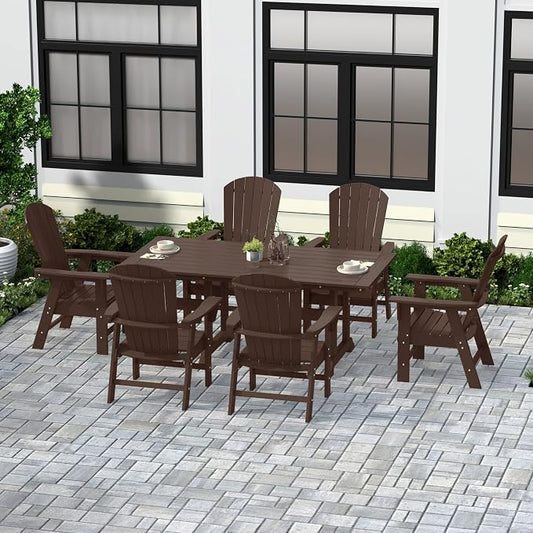 WestinTrends Dylan Adirondack Outdoor Dining Set for 6, All Weather Poly Lumber Patio Table and Chairs Set of 6, 71" Trestle Outdoor Table and Seashell Adirondack Dining Chair, Dark Brown