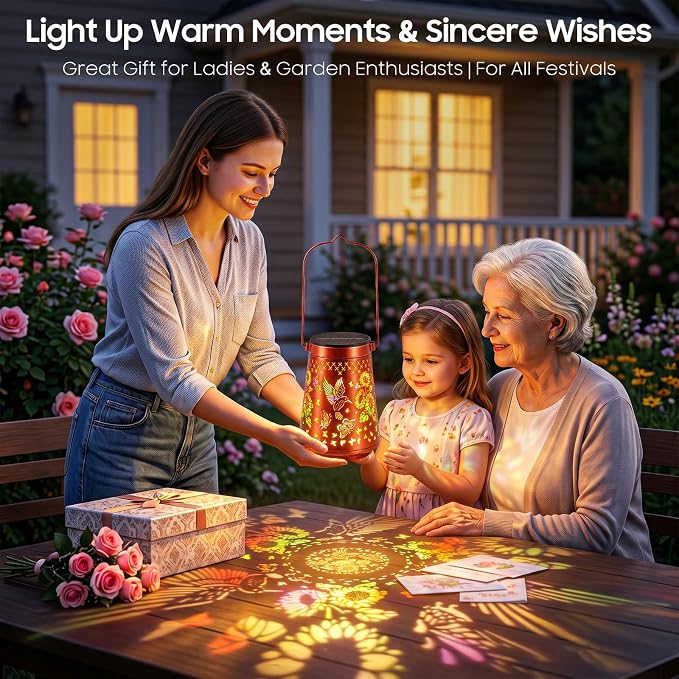 2 Pack Solar Lanterns Outdoor Waterproof Birthday Gifts for Women Mom | Colorful Hollow Metal Sunflowers Butterflies Hummingbirds Lantern, 2 Modes Hanging Solar Lights for Gardens, Patios Decor