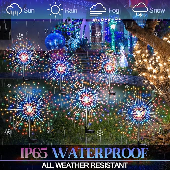 Tujoe 6 Pcs Christmas Solar Firework Stake Lights 180 LED 8 Modes Solar Waterproof LED Sparkler Lights Outdoor Decoration for Garden Patio Yard Pathway Walkway Lawn (Colorful)