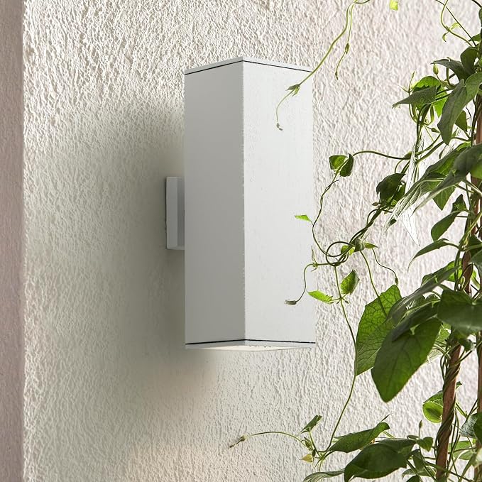 mirrea 18" Modern Outdoor Porch Light in 2 Lights, Matte White, 2 Pack | Patio wall sconce, aluminum rectangular tube, tempered glass, waterproof. Up & down lighting for outdoor wall mount fixture.