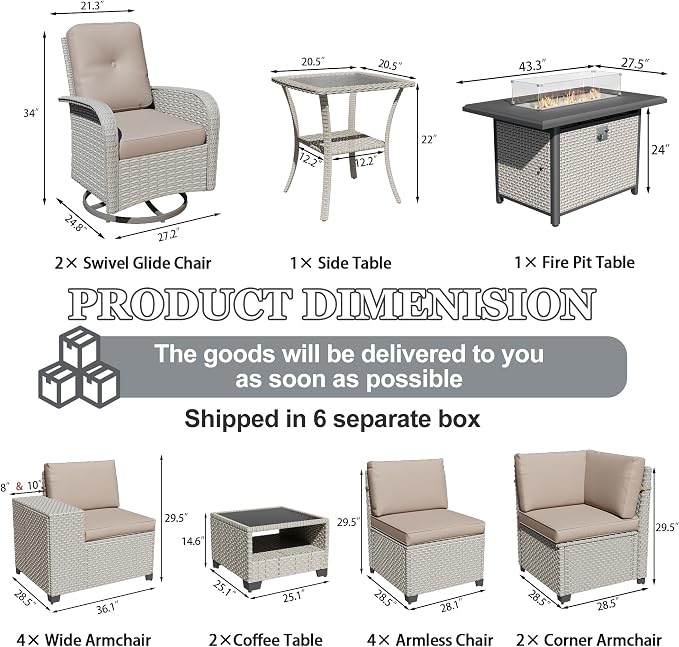 16-Piece Outdoor Patio Furniture Set, Modular Sectional Sofa Set with Swivel Rocker Chairs & Fire Pit, Wicker Outdoor Couch Conversation Sets w/Coffee Table and Cushions, Khaki