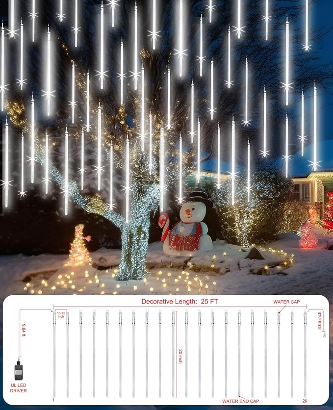 UL Certified Meteor Shower Lights Outdoor, 20 Tubes 1080 LED Falling Rain Drop Icicle Lights, 20 Inch Cascading Snowfall String Lights for Christmas Tree, Holiday Wedding Party Garden Decor, White