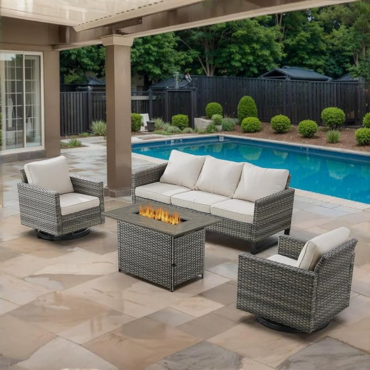 4 Piece Wicker Patio Furniture with Fire Pit Table - Outdoor Conversation Set with 50,000 BTU Fire Pit, All Weather Rattan Patio Set for Deck Backyard Garden - Grey Wicker Beige Cushion