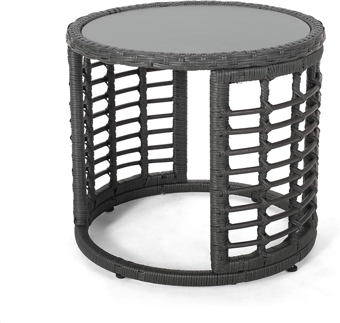 GDFStudio Outdoor Modern Boho Wicker Side Table with Tempered Glass Top, Gray
