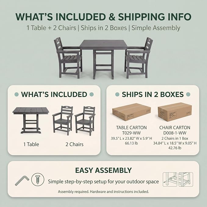 WILLIAMSPACE 37.8" Outdoor Patio Dining Set with 2 Armchairs, All Weather HDPE Square Dining Table with Umbrella Hole, Patio 3-Piece Bistro Set for Backyard, Balcony, Lawn, Kitchen (Grey)