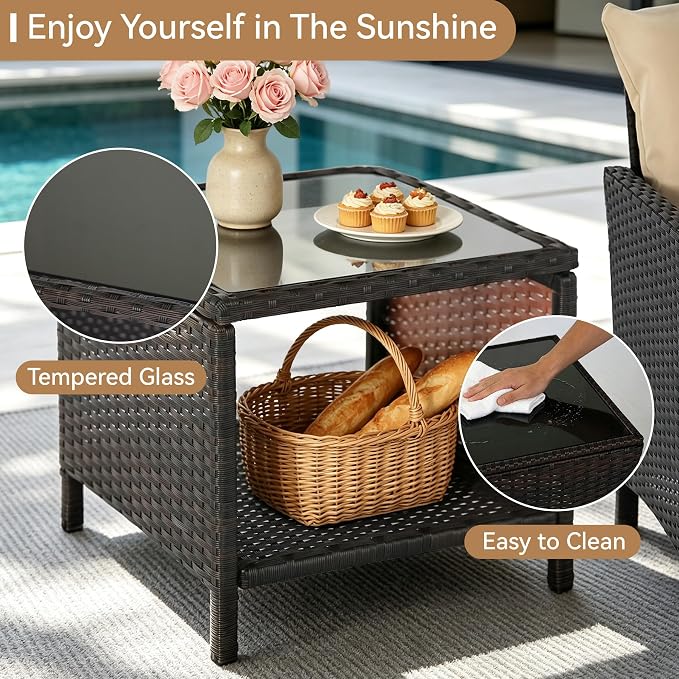 YLGJ&TIDY 5 Pieces Patio Furniture Set, Rattan Outdoor Lounge Chairs with Soft Cushions,Outdoor Wicker Patio Conversation Set with Hidden Ottoman and Coffee Table for Porch, Garden, Backyard (Khaki)