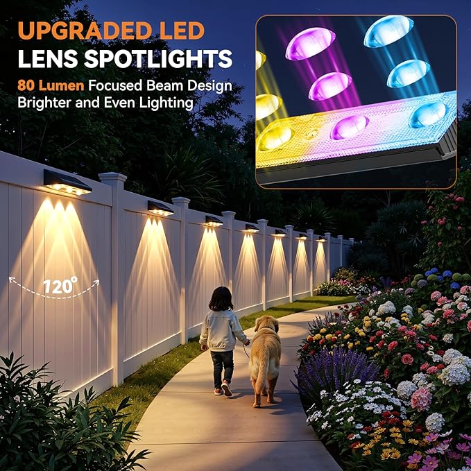 Solar Fence Lights Outdoor 12 Pack, Upgraded Brightness 3X LED Lens Fence Lights Solar Powered, 9 Fixed Colors & RGB Lights, IP65 Waterproof Solar Lights for Outside Backyard/Railing/Step/Patio