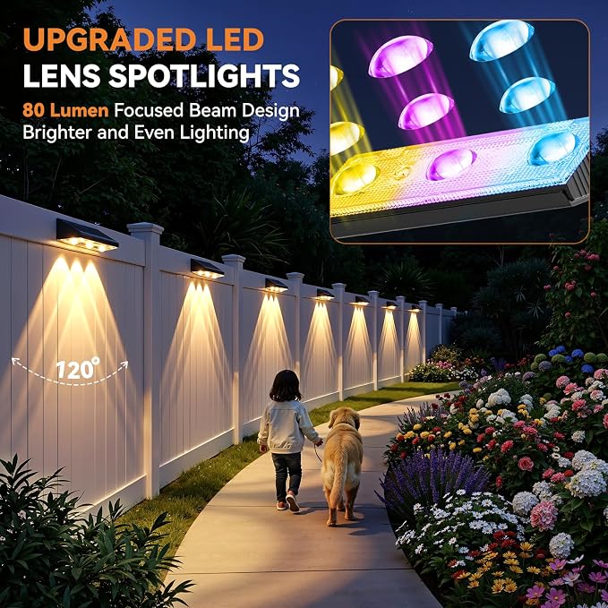 Solar Fence Lights Outdoor 4 Pack, Upgraded Brightness 3X LED Lens Fence Lights Solar Powered, 9 Fixed Colors & RGB Lights, IP65 Waterproof Solar Lights for Outside Backyard/Railing/Step/Patio