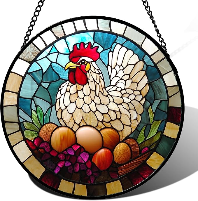 DASTOLL Stained Glass Window Hanging White Chicken Hatching Eggs Large 11.8" - Suncatcher Door Garden Sunroom Sun Catcher Home Decor Birthday Christmas for Mom Men Woman Nana