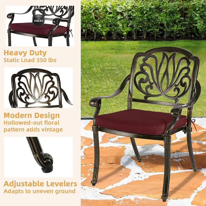 5-Piece Outdoor Patio Dining Set, All-Weather Cast Aluminum Patio Furniture Set for Backyard Garden Deck with 4 Chairs, 4 Cushions and 35.4" Round Table, 2" Umbrella Hole, Red