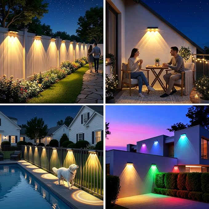 Solar Fence Lights Outdoor 10 Pack, Upgraded Brightness 3X LED Lens Fence Lights Solar Powered, 9 Fixed Colors & RGB Lights, IP65 Waterproof Solar Lights for Outside Backyard/Railing/Step/Patio