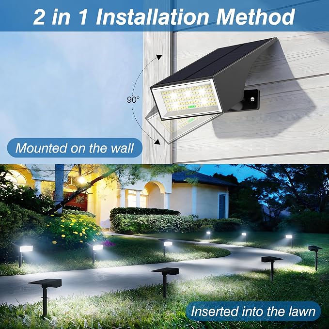 Solar Spot Lights Outdoor with 4-Level Power Display, 2 Pack Cool White | IP65 Waterproof, 4 Modes Auto On/Off,2-in-1 Mount, for Yard Garden Pathway Walkway Tree Patio Driveway