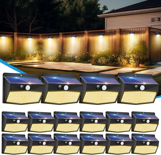 16 Packs Solar Outdoor Lights Motion Sensor Solar Security Light Waterproof with 3 Lighting Modes Solar Powered Wall Lights Outside for Garden Fence Yard, Warm White