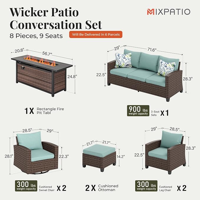 MIXPATIO Swivel Glider Patio Furniture Set, 8 Pcs Wicker Rattan Outdoor Conversation Set, 2 x Swivel Chairs, 2 x Leg Chairs, 1 x 3 Seater Sofa and 2 x Ottomans and 56" Fire Pit Table, Blue