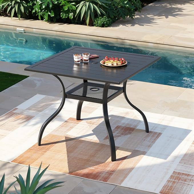 Betterland Patio Square Dining Table 37" x 37" Outdoor Metal Steel Frame & Slat Tabletop with 1.57" Umbrella Hole for 4 Person, Classic Black