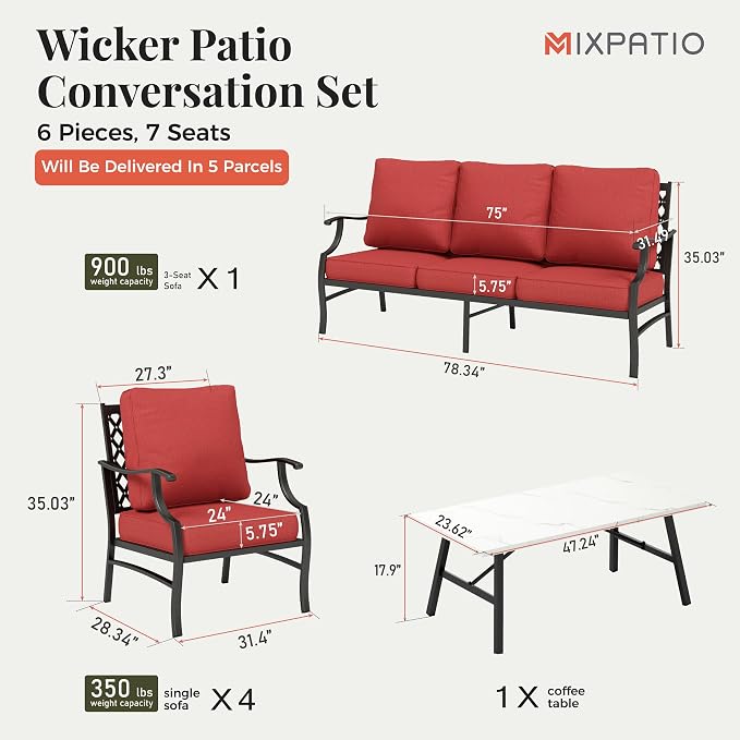 MIXPATIO Patio Furniture Set 6 pcs, Outdoor Patio Furniture, 1 X 3-Seat Sofa, 4 X Single Chairs, 1 X Coffee Table and 5.75" Extra Thick Cushion, Patio Conversation Set,Red