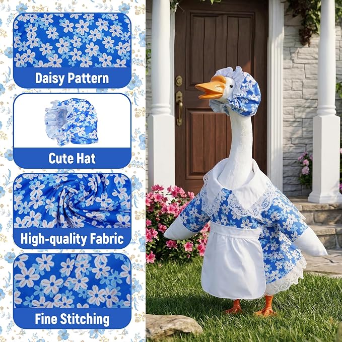 Spring Porch Goose Outfit Daisy Porch Goose Clothes for 23 Inch Lawn Cement or Plastic Geese Statue Geese Skirt Costume with Hat Dress for Spring Outdoor Patio Yard Garden Holiday Decoration