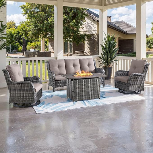 HUMMUH Outdoor Patio Furniture with Fire Pit Table Outdoor Conversation Set PE Wicker Patio Couch Swivel Glider Chairs for Balcony Garden,Lawn,Deck