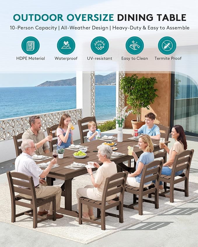 SERWALL 10 Piece Outdoor Dining Set with 15ft Triple-Head Foldable Umbrella, 84" HDPE Outdoor Table and Armless Chairs Set for 8，All Weather Patio Furniture Set with Umbrella Hole for Backyard, Brown
