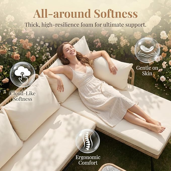 BULEXYARD 3 Pcs Boho Outdoor Patio Furniture Sets, L Shaped Natural Color Wicker Conversation Sectional Sofa w/Cozy Beige Cushion for Backyard, Porch, Deck, Garden, Balcony