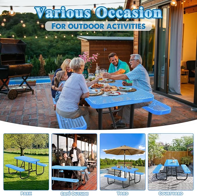 Ceridwen Heavy Duty Picnic Table with 2 Benches, Expanded Metal Steel Mesh Outdoor Patio Dining Table Bench Set with Umbrella Hole,Outdoor Patio Dining Table for Garden (Rectangular, Blue, 6FT)