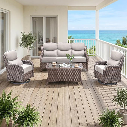 Luxury High Back Outdoor Furniture with 6-Inch Thick Cushions, Patio Furniture Set with Swivel Chairs, 4 PCS Wicker Conversation Set for Porch, Balcony, Deck and Yard