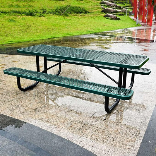 6 ft Outdoor Picnic Table with Umbrella Hole, Heavy-Duty Steel Frame, Rectangular Weather-Resistant Dining Table for Backyard, Patio & Garden, Green