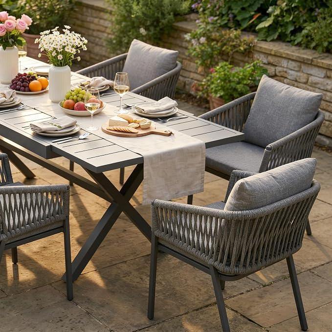 SUNSITT 9 Piece Outdoor Patio Dining Set, 65" - 107" Metal Expandable Outdoor Dining Table with X-Shape Legs, 8 Woven Rope Outdoor Patio Chairs w/Curved Armrest for Garden, Dark Grey