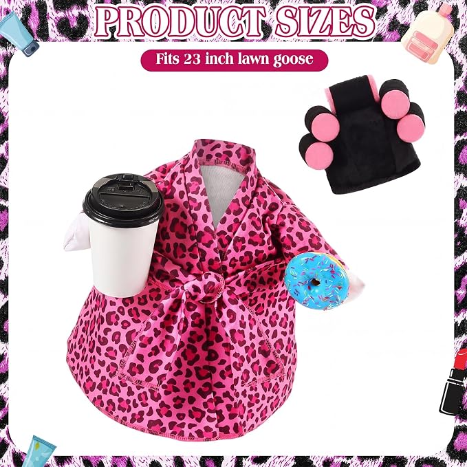 Shyyween Lady Porch Goose Outfit for 23'' Cement Plastic Lawn Goose Statue Clothes Pink Leopard Bathrobe Coffee Cup Curlers for Outdoor Garden Yard Patio Decoration