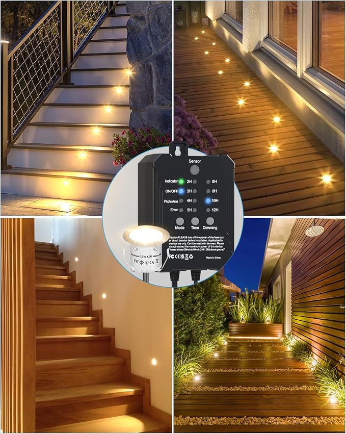 HIBOITEC Low Voltage Deck Lights Recessed Kit with Transformer Dimmable Timer and Photocell Sensor Outdoor LED Deck Lighting IP67 Waterproof 2700K for Stair Step Outdoor Garden Yard 16 Packs