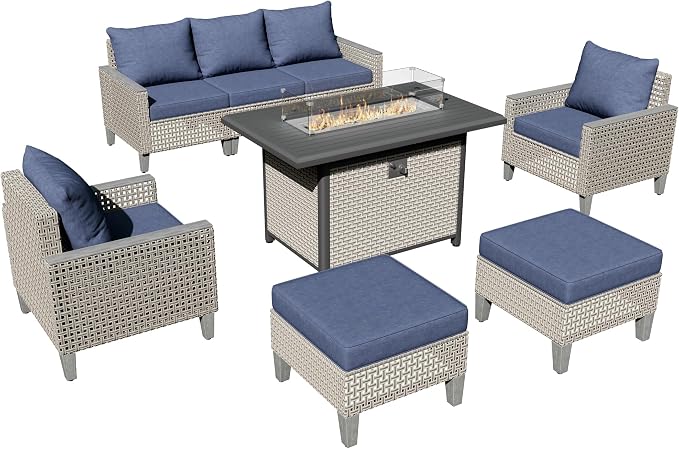 Outdoor Patio Furniture Set with Rattan Fire Pit Table 8-Piece Modular Wicker Sectional Sofa with Ottomans and Thick Cushions, Modern Rattan Outdoor Conversation Couch, Navy