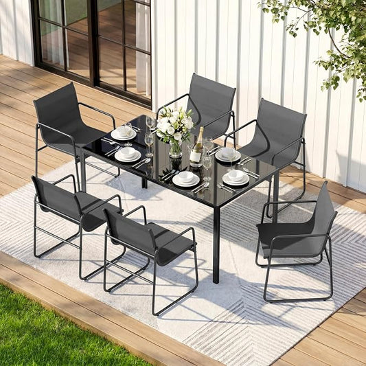 ONBRILL 7 Piece Patio Dining Set for 6, Modern Rectangular Glass Top Steel Table with 6 Breathable Textilene Chairs, Easy Assembly All-Weather Design for Lawn, Backyard, Poolside & Gatherings, Black
