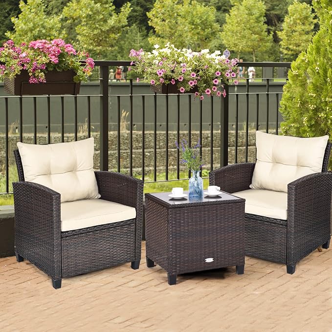 3-Piece Wicker Patio Furniture Set, Outdoor Sofa Set with Water-Resistant Cushion & Tempered Glass Table, Brown
