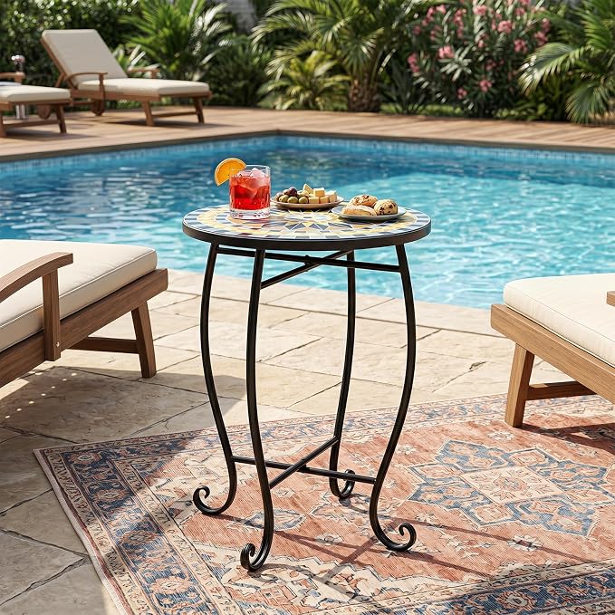 Giantex Outdoor Side Table, Bright Sunflower Mosaic Patio Accent Table, 14" Coffee End Table, Indoor Outdoor Metal Plant Stand for Porch Garden Balcony Desk