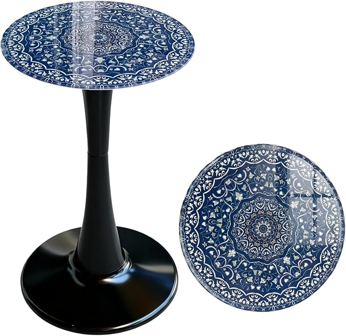 13.4" Outdoor Side Table, Round Patio Bistro Table Printed Tempered Glass Top, Waterproof Rust-Proof Base, Small Plant Stand for Balcony, Garden, Deck, 21.6" H (Blue Maze)