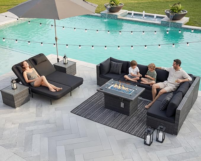 NICESOUL 11 Piece Patio Furniture with Fire Pit Natural Gas/Propane, 29.3'' High Back Outdoor Sectional with Firepit Table & Chaise Lounge, Deep Large Seating Sofa Couch, 2 Color Cushion Black & Gray