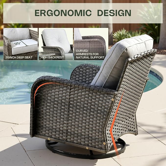 5-Piece Patio Furniture Set, Outdoor Wicker Furniture with Coffee Table, High Back Swivel Rocker Patio Chairs, Modern Rattan Outdoor Chairs Conversation Set for Porch, Balcony, Garden, Grey