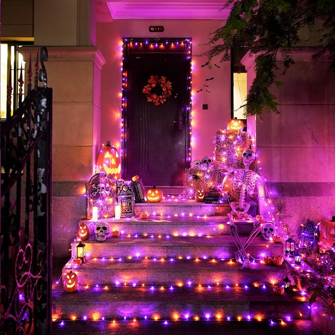 JMEXSUSS 33 FT 100 LED Orange and Purple Halloween String Lights Indoor | Plug In Halloween Lights Clear Wire, 8 Modes Outdoor Waterproof Christmas String Light for Halloween Decor
