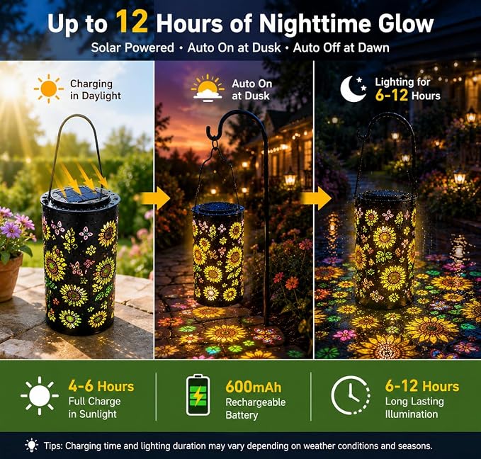 Colorful Sunflower Glow Solar Lantern, IP55 Waterproof Solar Garden Lantern with Multicolor Sunflower Projection, Outdoor Decorative Light for Patio, Yard and Garden