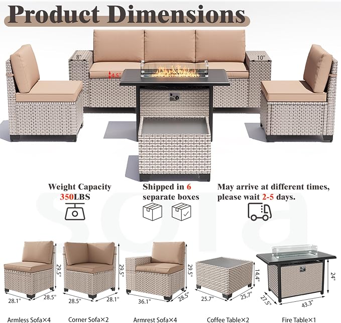 13 Pieces Patio Furniture Set with Fire Pit Table, Outdoor Sectional Wicker Sofa with Thickened Cushions and Coffee Table, High Back Rattan Patio Conversation Sets, Khaki