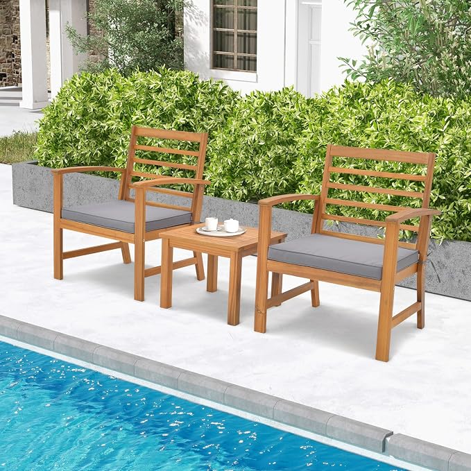 Tangkula 3 Pieces Outdoor Furniture Set, Acacia Wood Conversation Set with Soft Seat Cushions, Stable Acacia Wood Frame, Patio Sofa & Coffee Table Set for Backyard, Porch, Poolside (Grey)