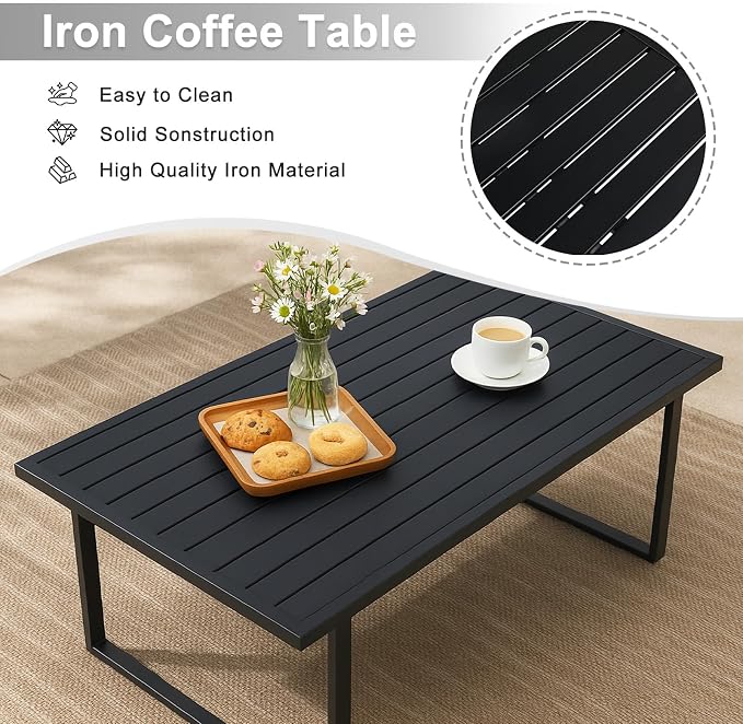 Outvita Outdoor Patio Furniture Set, 4 Pieces Patio Furniture with Coffee Table Set, Metal Conversation Sets with Wood Armrest & Removable Washable Cushions for Balcony, Deck and Poolside