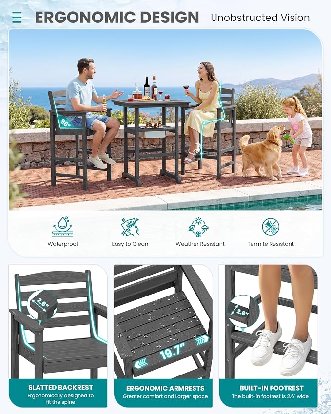 SERWALL Adirondack Bar Chairs and Table 5 Pieces Set, HDPE Bar Height Chairs Set of 2 and Bar Table with Ice Bucket, Outdoor Bar Stools Set for Balcony, Poolside, Backyard, Grey