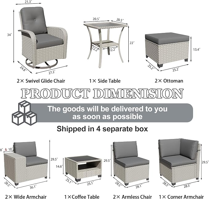 11-Piece Outdoor Patio Furniture Set, Modular Sectional Sofa Set with Swivel Rocker Chairs & Ottomans, Wicker Outdoor Couch Conversation Sets w/Coffee Table and Cushions, Gray