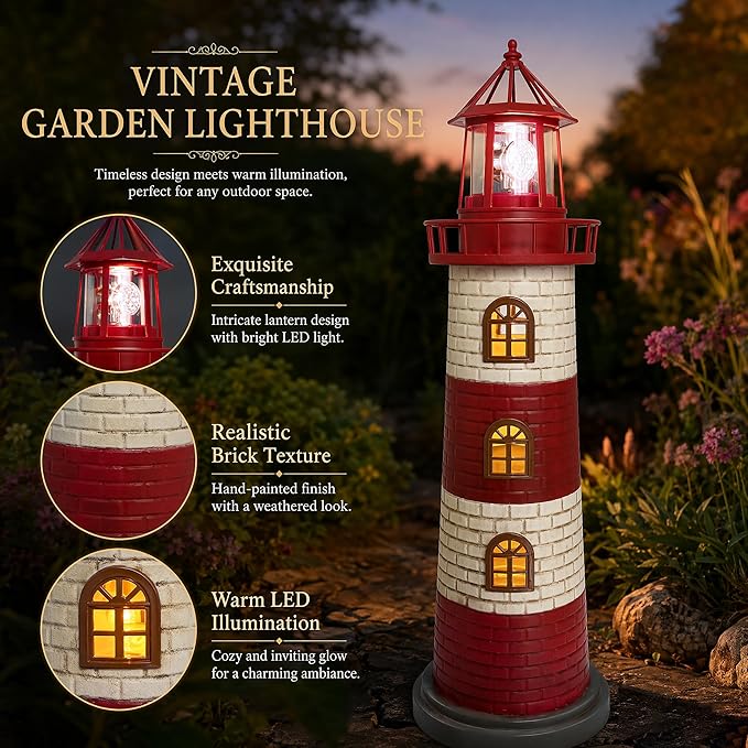Large Garden Statues 23" Coastal Garden Decor for Outside - Lighthouse Solar Lights Outdoor Waterproof Patio Lawn Yard Decorations, Unique Housewarming Gift Garden Gifts for Family Friends (Red)