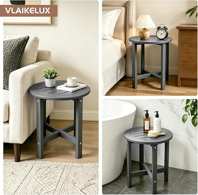 Small Outdoor Side Table 15.94" HDPE Round Adirondack End Table | Storage Shelf, Plant Stand, Weather Resistant, Easy to Clean & Use, Not prone to fading, for Patio, Backyard, Deck, Gray