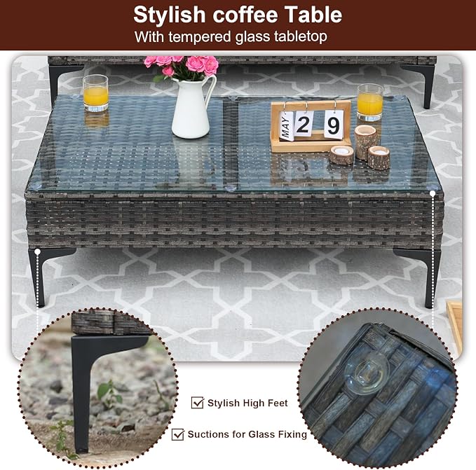 JOYURE 4-Piece Patio Furniture Set,Outdoor Wicker Patio Conversation Set with Tempered Glass Table,All-Weather Rattan Sectional Loveseat&Chairs with Thick Cushions for Garden,Deck,Backyard-Grey