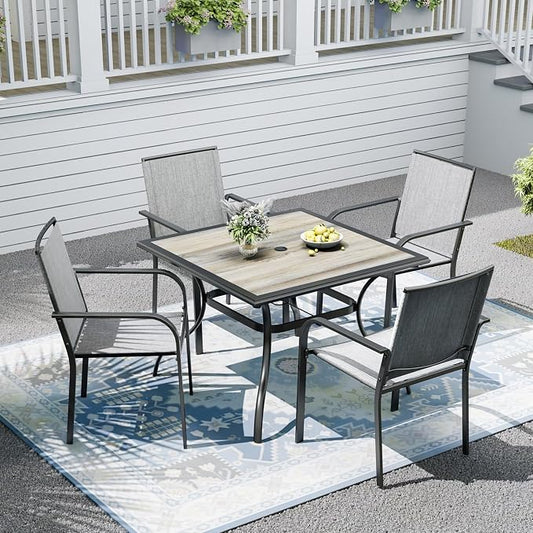 Patio Dining Set for 4, Outdoor 37" Dining Table with Laminated Top and 1.9" Umbrella Hole, 4pcs Stackable Patio Chairs Included, Perfect for Home & Outside
