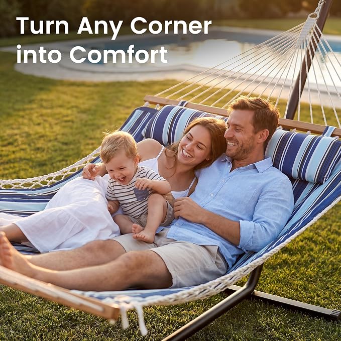 Everyfun 2 Person Hammock with Stand, Heavy Duty Double Cotton Rope Hammock with Removable Quilted Pad & Pillow, 500 LBS Adjustable Steel Frame, Tool-Free, Carry Bag for Outside Patio Yard, Blue